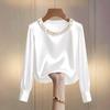Zomerse Franse Chic Parel Ronde Hals Satijnen Blouse Top voor Dames