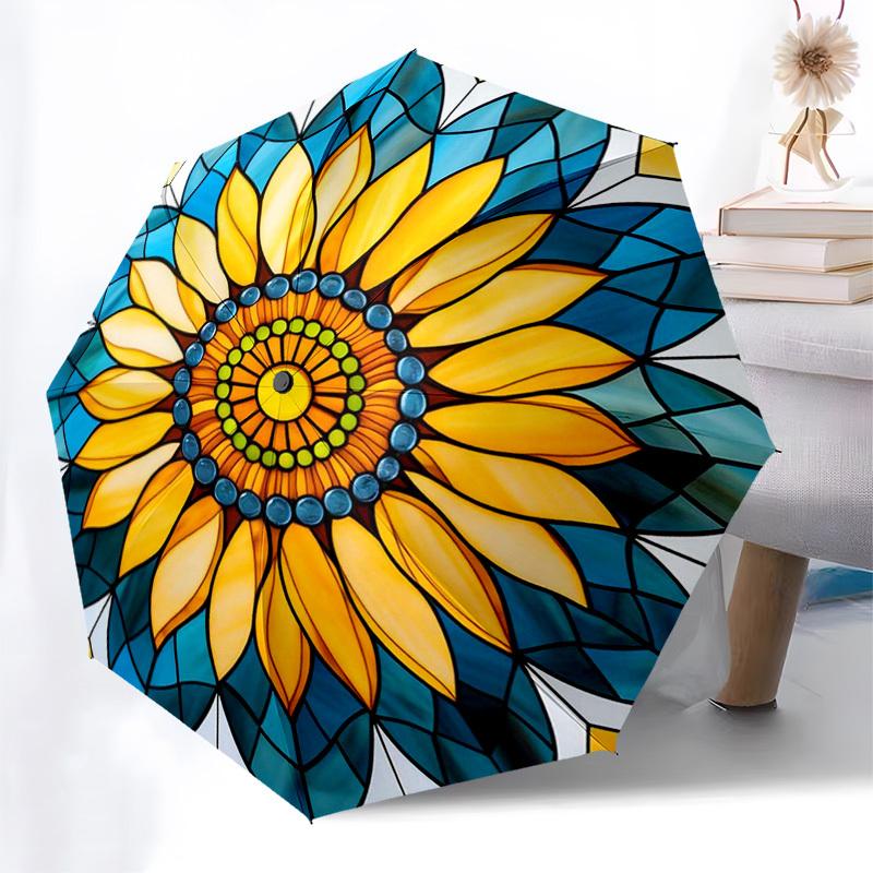 

1pc Stained Glass Sunflower Auto Open Close Umbrella - Portable 3-Fold Design, 8-Bone Iron Frame Outdoor Umbrella, Perfect Gift for Fans, Travelers, D