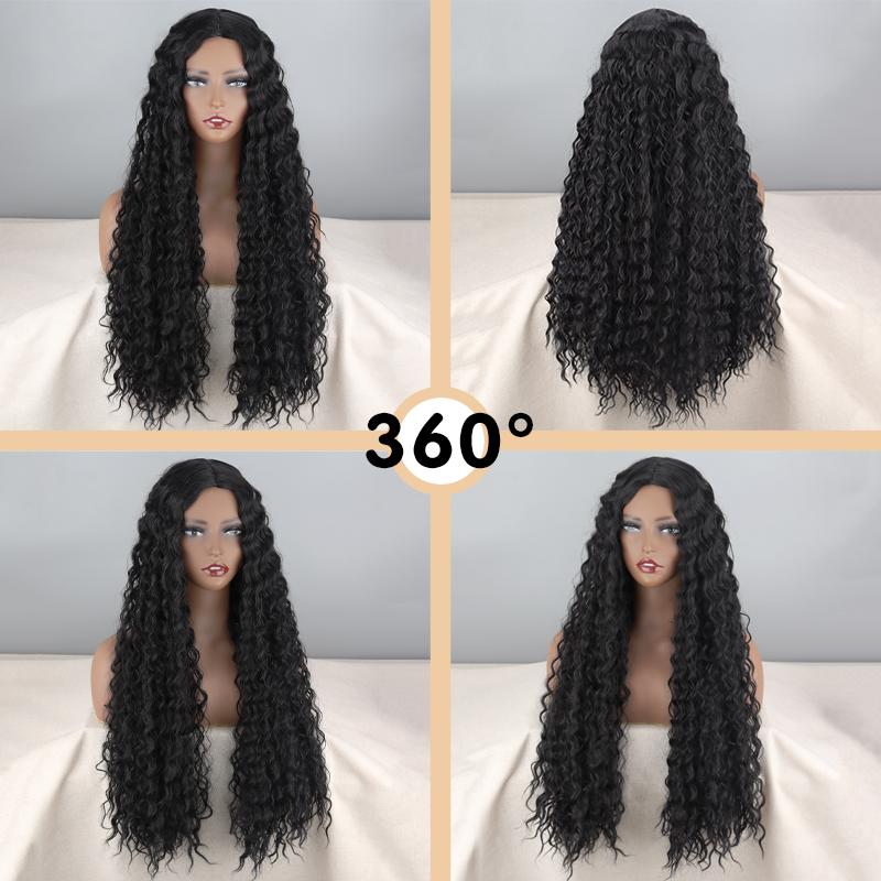 XINRAN Afro Dames Mode Schouderlengte Kinky Krullend Natuurlijk Zwart Pruik Zonder Pony Synthetische Vezel Diep Krullend Zwart Pruik