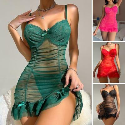 Conjunto de Camisón y Braguitas de 2 Piezas con Tirantes Espagueti, Espalda Descubierta, Sin Mangas, Ropa de Noche Plisada de Malla Transparente con Lazo y Volantes, Conjunto de Ropa de Dormir, Conjunto de Tangas