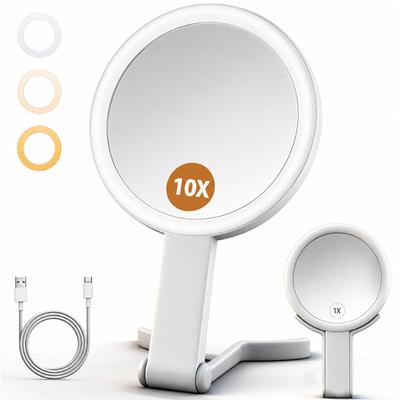 NOSAME LED Makeup Mirror, Actress Mirror, Foldable, Tabletop/Handheld, Double-Sided Mirror, 1x/10x Magnification, 3-Color Brightness, Type-C Rechargea