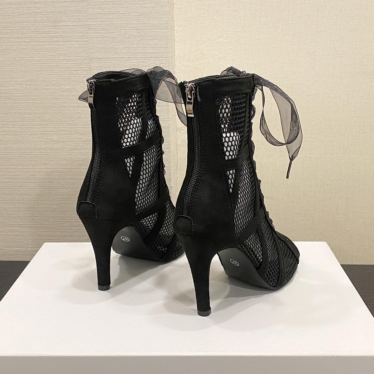 

European and American new black net suede fashion cross strap sexy high heel large size women s shoes 20252025 35 чёрный