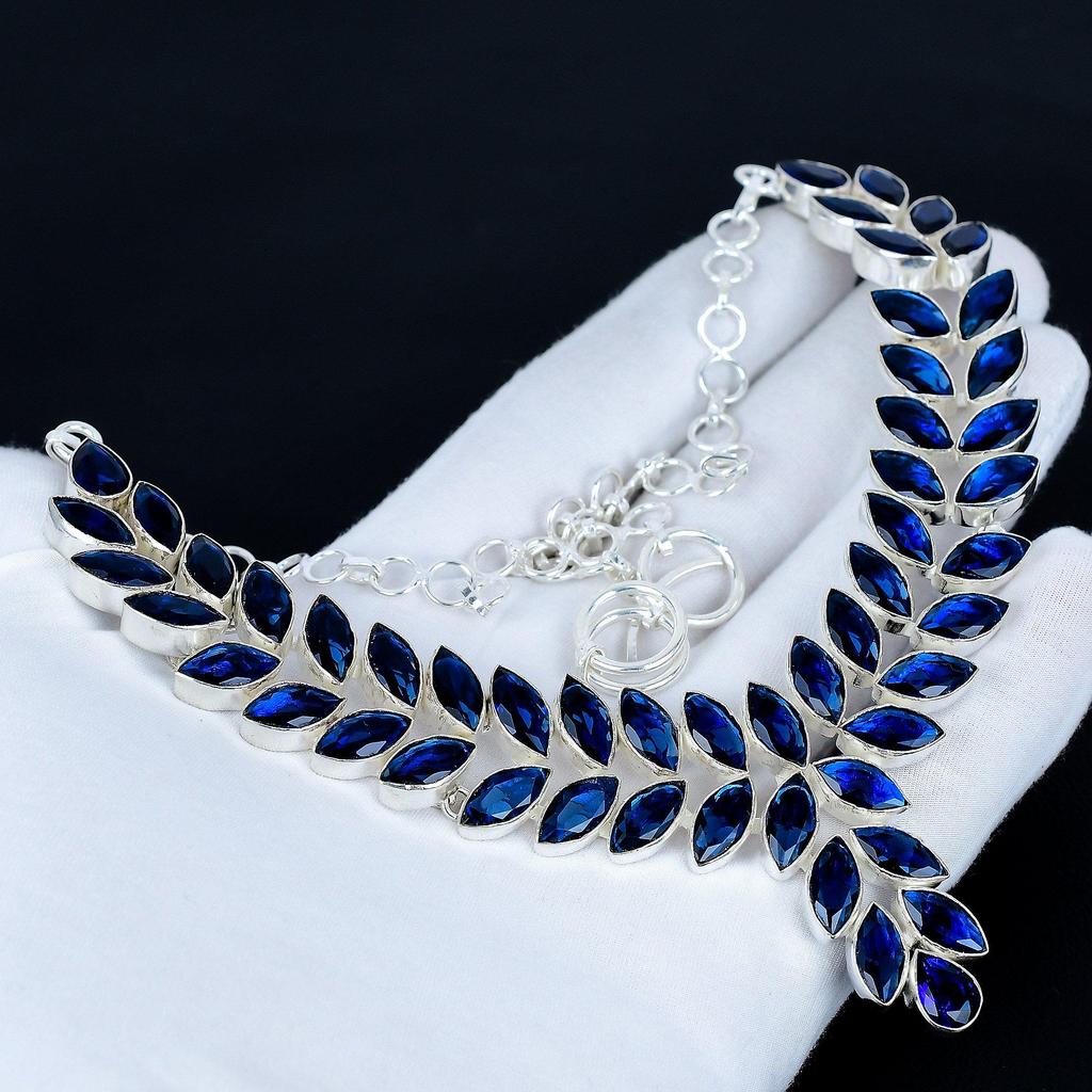 Blue Sapphire Heavy Necklace, 925 Sterling Silver Necklace, Blue Sapphire Designer Necklace, Handmade Necklace, Jewelry Valentine's Day Gift