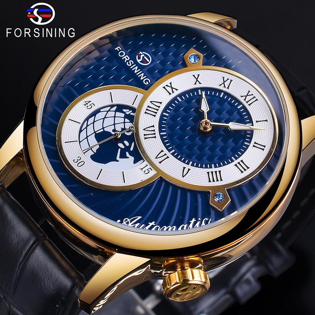 Forsining Men' S Mechanical Watch Fashion Double Dial Automatic Winding Men Wristwatches Sport Genuine Leather Clock For Man