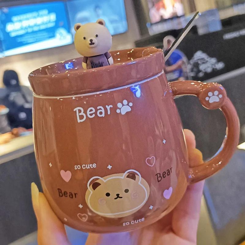 Kreative Keramiktasse mit Bär, Niedliche Cartoon-Kaffeetassen mit Deckel und Löffel, Frühstücks-Milchgetränkebecher, Wasserbecher für Paare, Bürotassen-Set