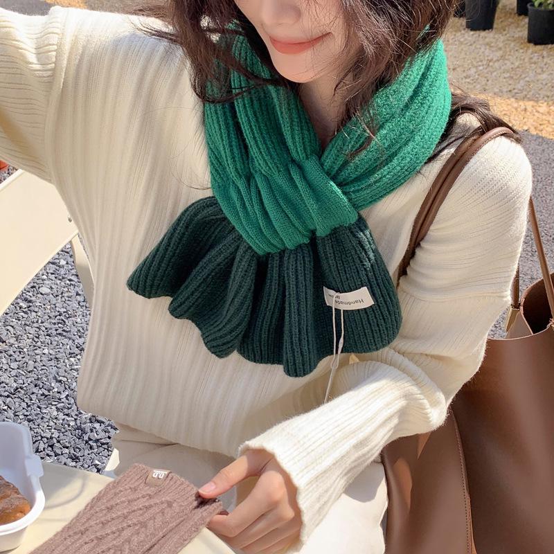 Colorblock Knit Small Scarf: Women's Autumn Winter Korean Style, Warm & Versatile for Students & Couples, Solid Color Snood