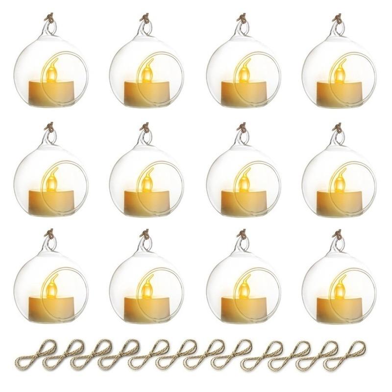 6/12Pcs Hanging Glass Candle Holder Diameter 6/8cm with LED Candle Terrarium for Wedding Party Decor Indoor Outdoor Garden