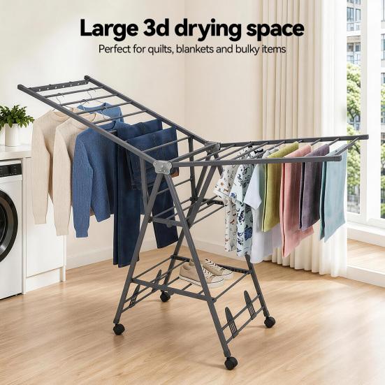Space Saving Drying Rack Heavy Duty Foldable Floor-standing Clothes with Wheels & Shoe Rack Wing Type Sturdy 200lbs Capacity Portable Collapsible