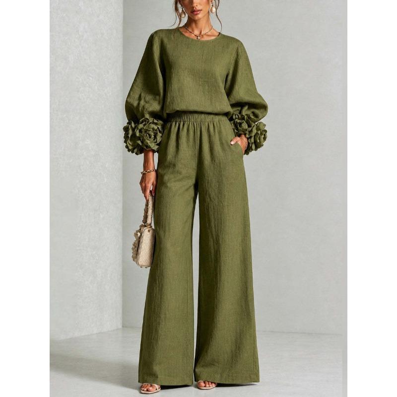 Women's new solid color round neck long-sleeved floral wide-leg pants loose casual suit two-piece set