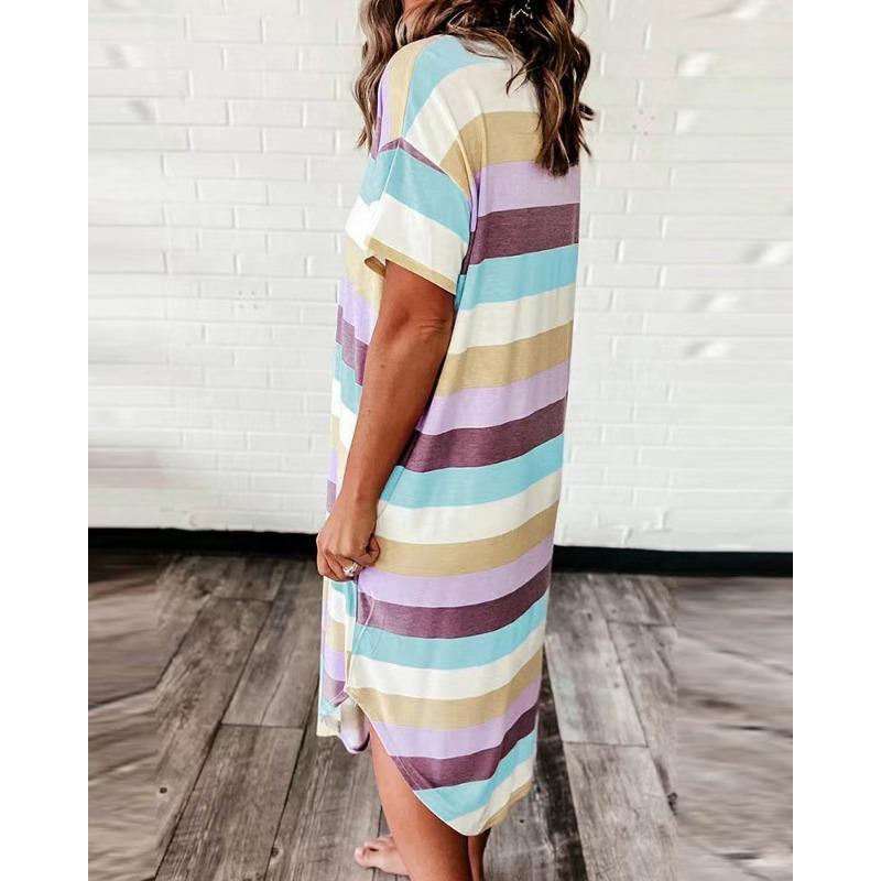 Summer Women's Loose Stripe Printed Short Sleeve Dress Long Dress