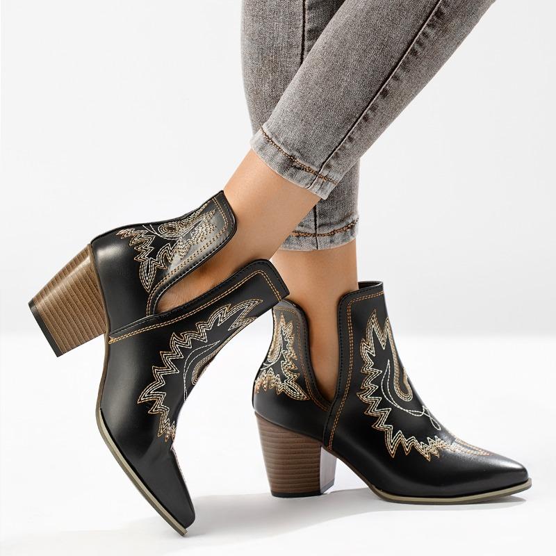 Mode Damenstiefel Vintage Klobige Absätze Western Cowboy Stiefel Leder High Heels Schuhe Damen Herbst Winter Bestickte Ritterstiefel