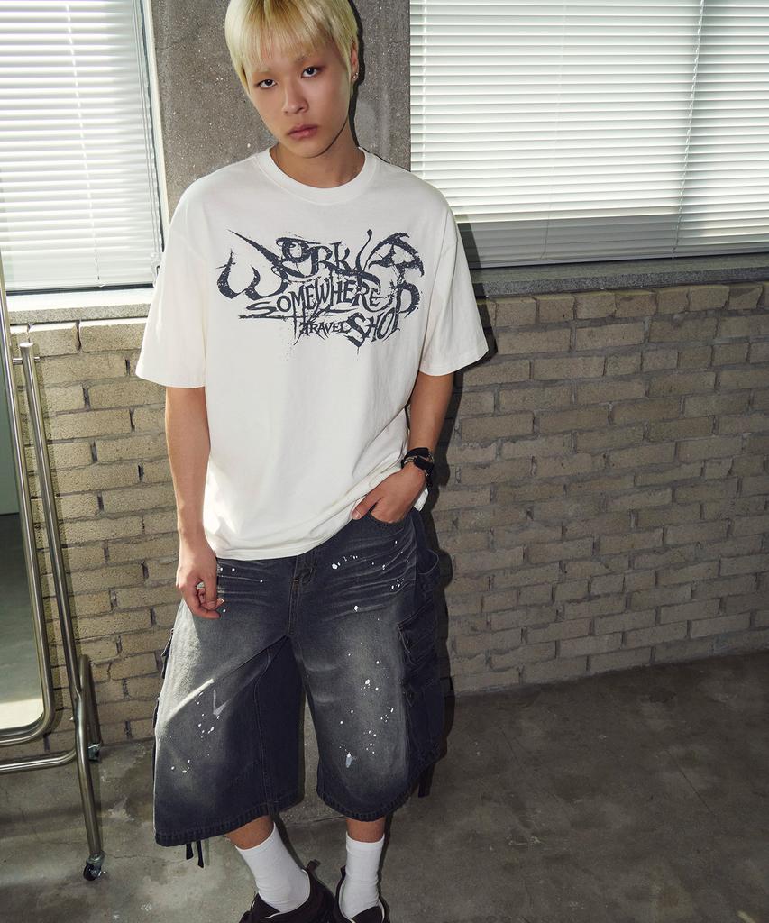 TRAVEL Calligraphy Pigment Short Sleeve T-Shirt Cream