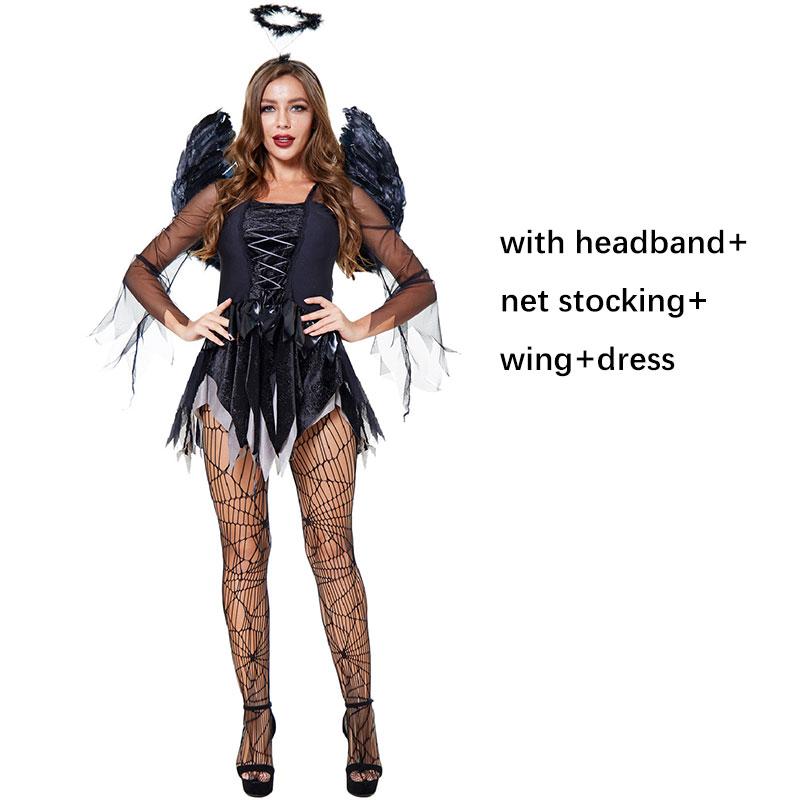 Adults Halloween Costume Cosplay Dark Angel Outfit Dress Wings Hair Band Sexy Women Halloween Clothes Suit WIth Fishnet Stocking
