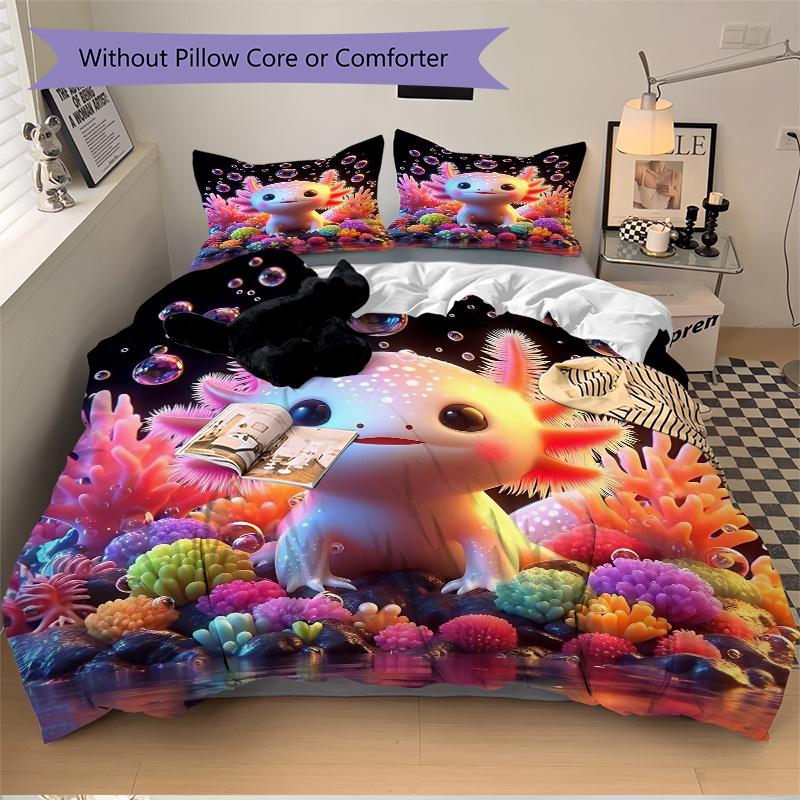 3pcs Axolotl Bubble Printed Bedding Set, Soft and Comfortable Quilt Cover for Bedroom, Guest Room (1 Duvet Cover + 2 Pillowcases, Pillow Cor