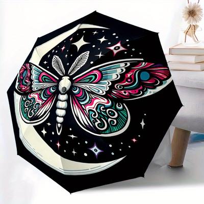 1pc Moon Butterfly Automatic Open/close Folding Compact Umbrella, 8-Rib Sturdy Canopy, Lightweight Portable, Everyday Use, Gift, Outdoor Umbrella, Tra