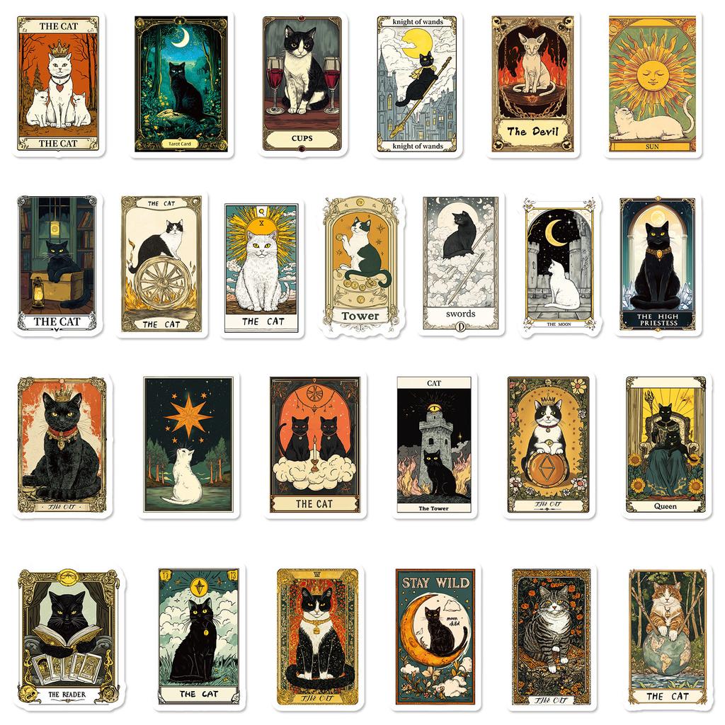 50 New Tarot Card Graffiti Cat Series Various Retro Style Decorative Waterproof Stickers