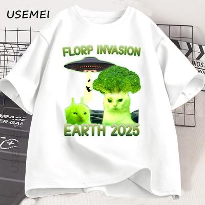 Vtipné tričko s kočkou Brainrot Alien Kočka s brokolicí Potisk Bavlna Krátký rukáv Kulatý výstřih Pánské oblečení Streetwear