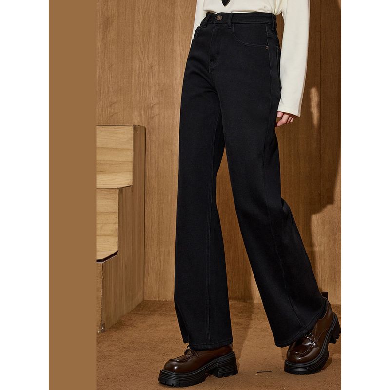 Coolhut Narrow Wide-Leg High-Waisted Slimming Thickened Warm Straight-Leg Washed Winter Women's Jeans Trousers