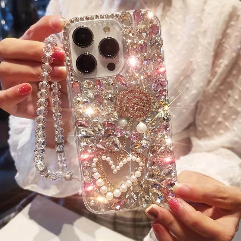Luxury Fashion Crystal Pink Hardware Lollipop Pearl Heart Drop-Proof Phone Case with Crystal Lanyard, Suitable for iPhone 17 Pro Max / 16 Plus