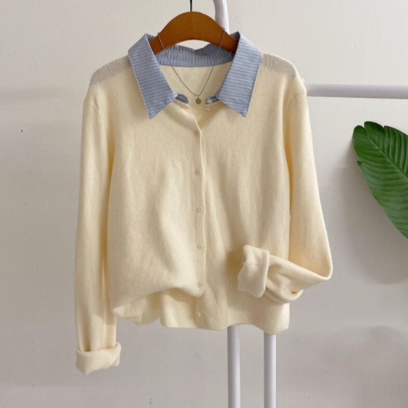 Honey J Ball Bit Stripe Shirt Collar Layered Knit Cardigan 2 Color