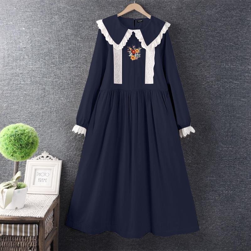 

VONDA Женские повседневные кружевные лацканы с длинным рукавом и принтом Платья 4XL темно-синий