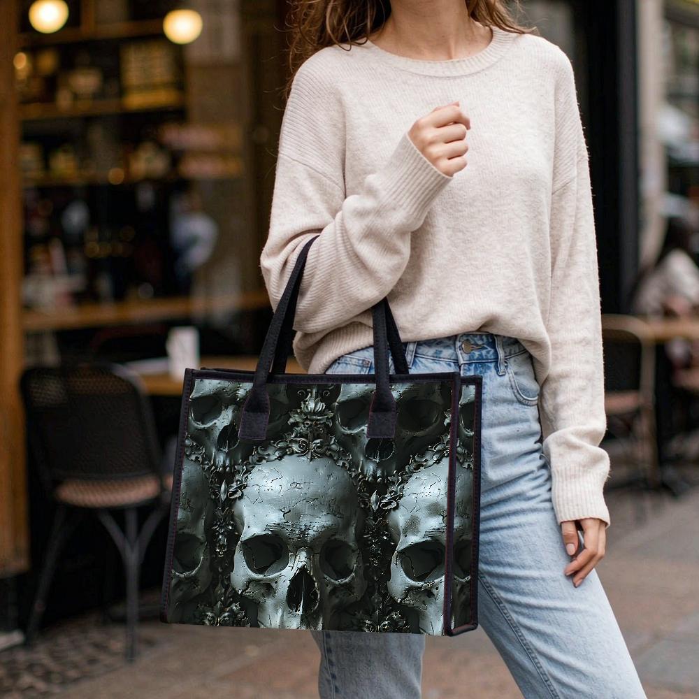 Gothic Skull Pattern Tote Bag Casual Street Style Large Capacity Carry Bag for Daily Commute Unique Dark Aesthetic Shoulder Bag