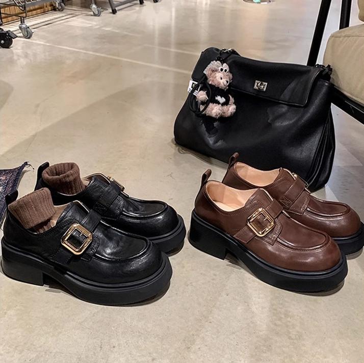 Grape Mother Has the Same Style, and It Will Not Fade~ Washed Shrinkage Horse Skin Thick-soled Small Gold Buckle Loafer Single Shoes and Small Leathe