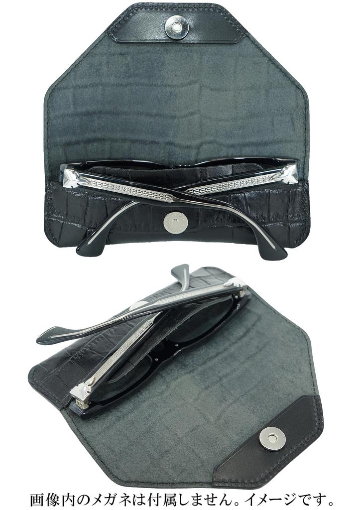 Schwarz x Schwarz Tochigi Leder Krokodil geprägt Brillen Hergestellt in und Brillen Sonnenbrillen Brillenetui für Herren und Echtes gegerbtes Rindsleder Hergestellt in