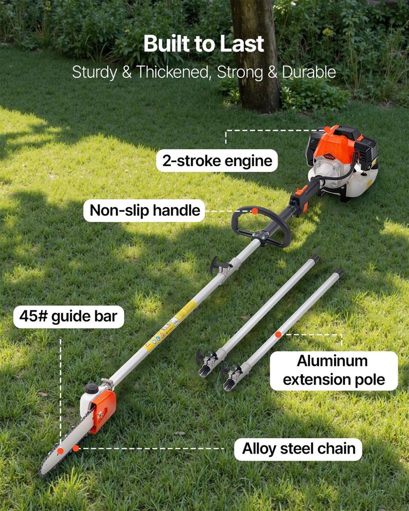 Gas Pole Saw, 33CC 2 Stroke Gas Powered Pole Saws with 20.3 Cm Cutting Bar, Cordless Tree Trimmer with 850ml Fuel Tank, 2.08 To 3.58 M Extendable,