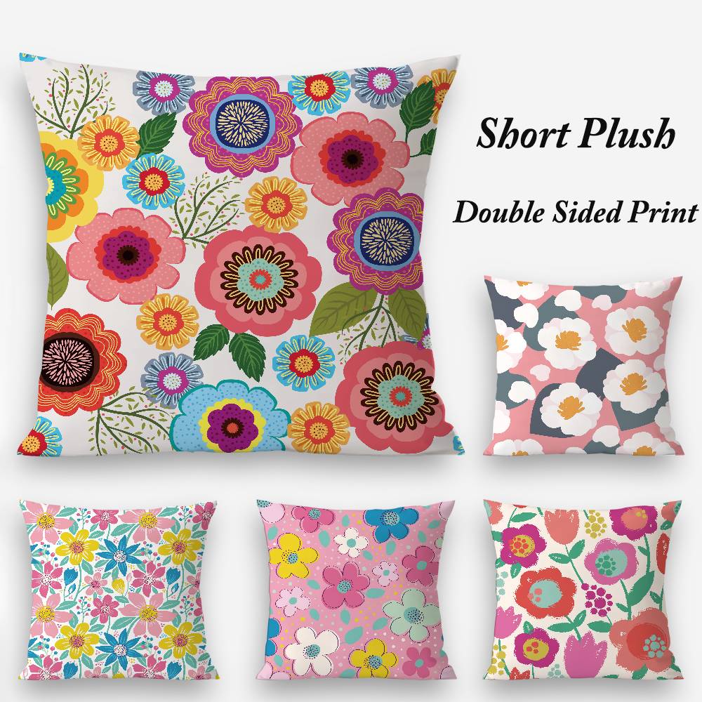 Colorful Flowers Pillow Case Plush Fabric Soft Double Sided Print Home Sofa High Quality Cushion Cover Throw