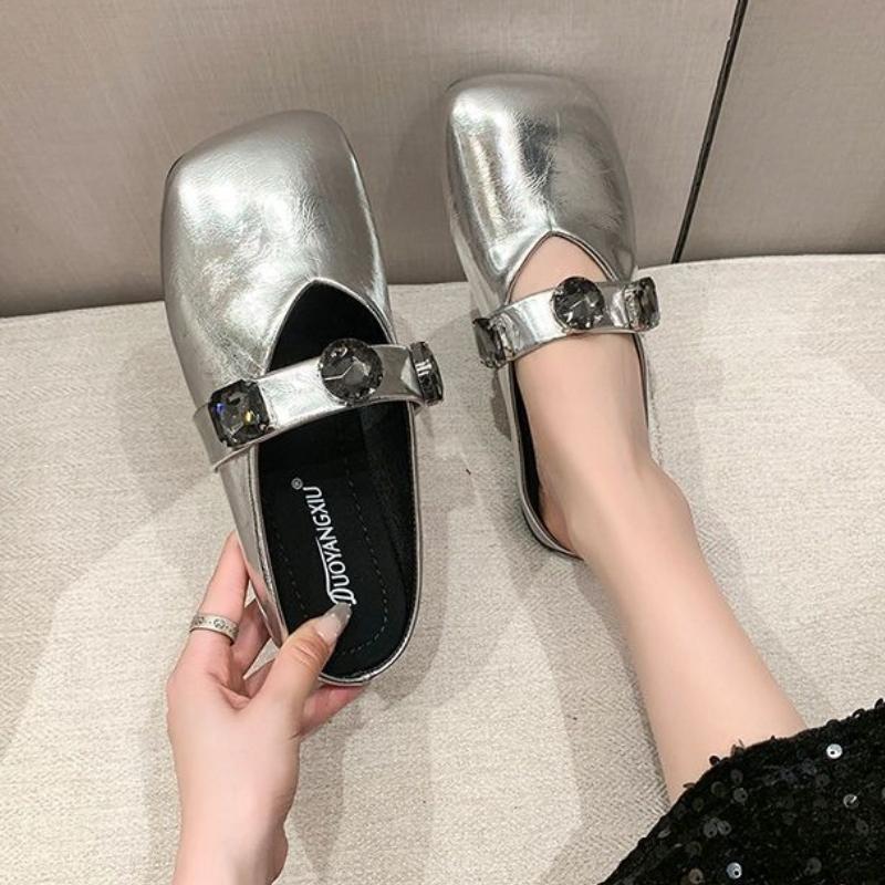 Woman Slippers Outside Square Toe Slides Flat Rhinestone Sabot Mules Shoes for Women Stylish New Fashion Designer Luxury Sandals