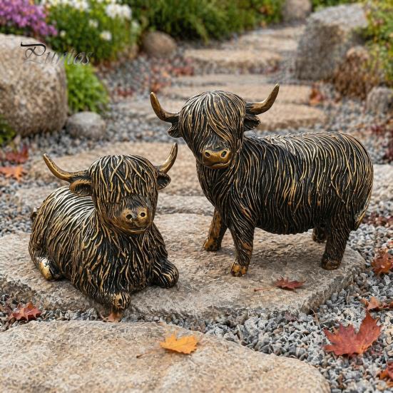 Vintage Copper Finish Garden Art Highland Yak Resin Figurines, Bronze Animal Statues, Weatherproof Sitting Set Farmhouse Decor for Living Room
