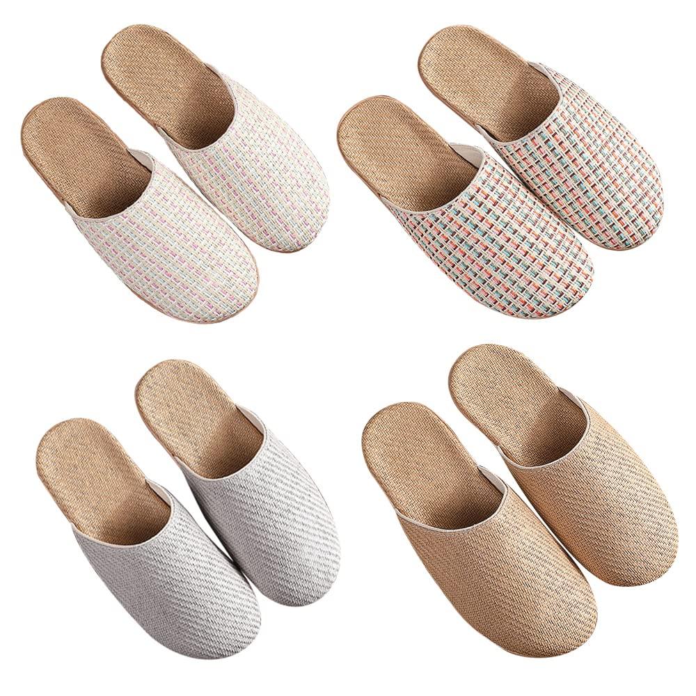 VNFIX Slippers 4 Pairs for Men and Room Quiet and Perfect for Guests or As a Gift Set, Women, Summer/Spring Shoes, Lightweight, Linen, Cute, Non-Slip,