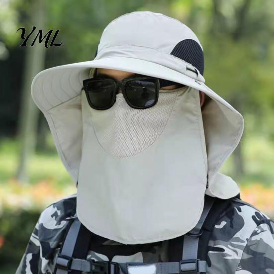 Breathable Mesh Face Mask Hat Sun Hats for Men, UV Protection Fishing with Neck Flap & Mask, Full Coverage Wide Brim Bucket Hat, Foldable Summer