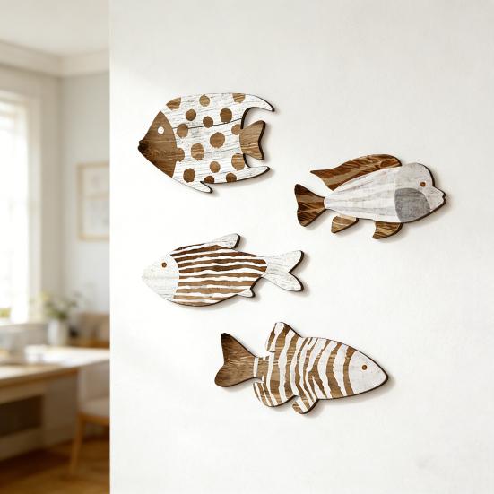 4Pcs Vintage Beach Wall Decor Nautical Coastal Wooden Fish Wall Art Ocean Style Fish Sculpture Lake House Hanging Decoration for Bathroom Bedroom