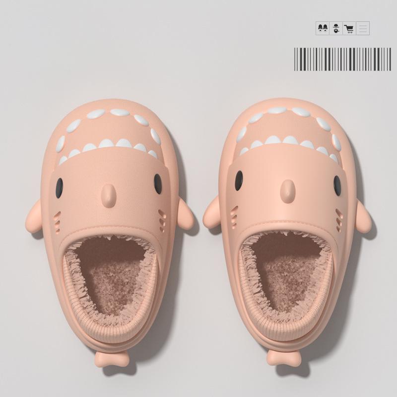 Fashion Smile Pop Men Winter Shark Slippers Plush Warm Cartoon Men's Cotton Slippers Outdoor Antiskid Waterproof Fur Fluffy Men Shoes