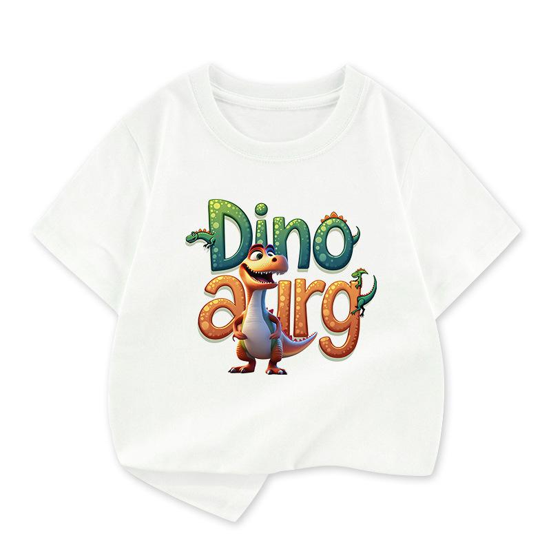 New Summer Childrens Shortsleeved Tshirt with Dinosaur Print Threedimensional Cartoon Base Layer Summer polyester fabric 110