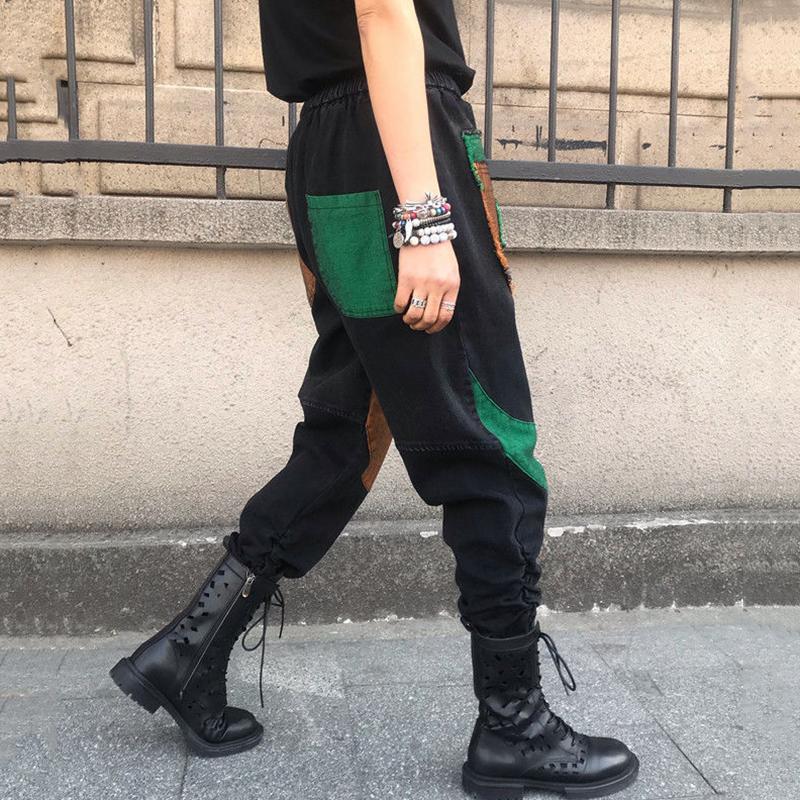 Patchwork Kapesní volné džínové kalhoty Dámské Vintage Streetwear Harem Jeans Dámské 2023 Podzim Dámské kalhoty s vysokým pasem