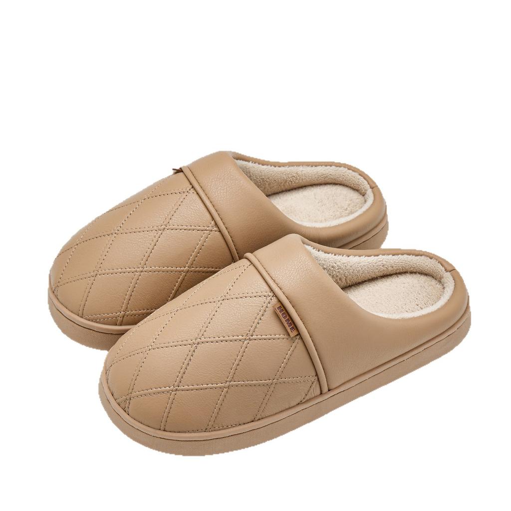 PU Leather Waterproof Cotton Slippers Indoor Home Use Warm and Comfortable Plush Slippers Autumn and Winter Non-slip Cotton Shoes