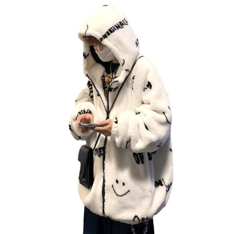 Erkekler Kış Moda Ceket Gülen Yüz Kuzu Polar Ceket Kore Versiyonu Moda Kış Ceket Peluş Kalınlaşmış Ceket