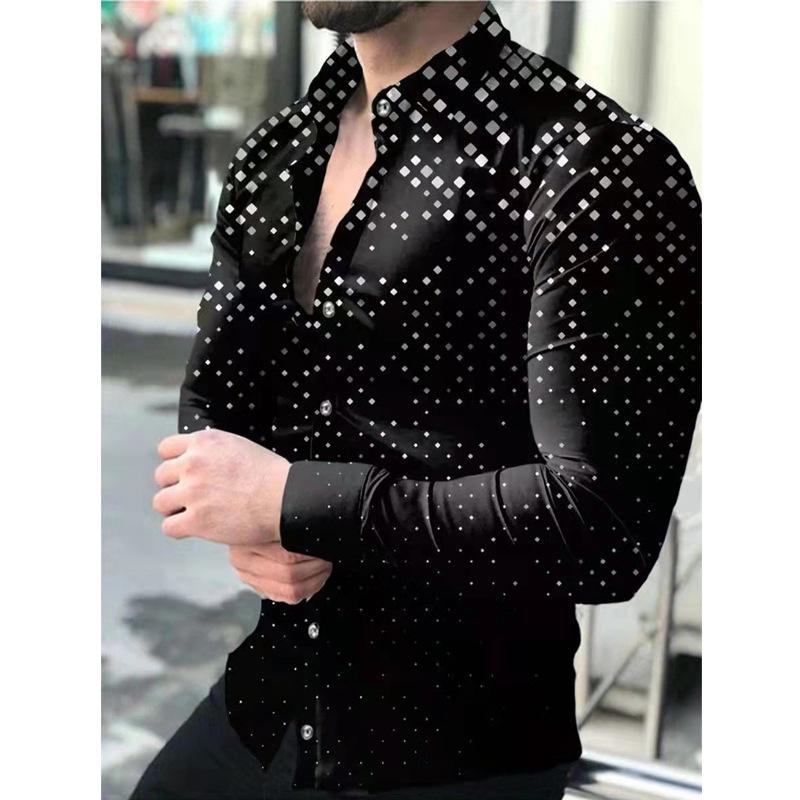 2026 Europa e Estados Unidos Nova Primavera Camisa Masculina de Manga Longa Camisa Plus Size Gradiente Slim Estampa Geométrica Camisa Casual