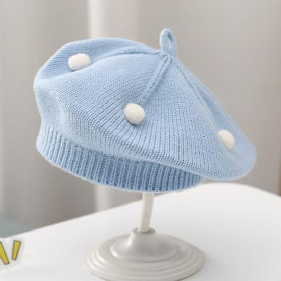 French Style Beret Hat Plush Ball Decor Baby Beret Hat with Anti-Slip Design Elastic Fit Warm Knitting Hat Autumn Winter Headwear