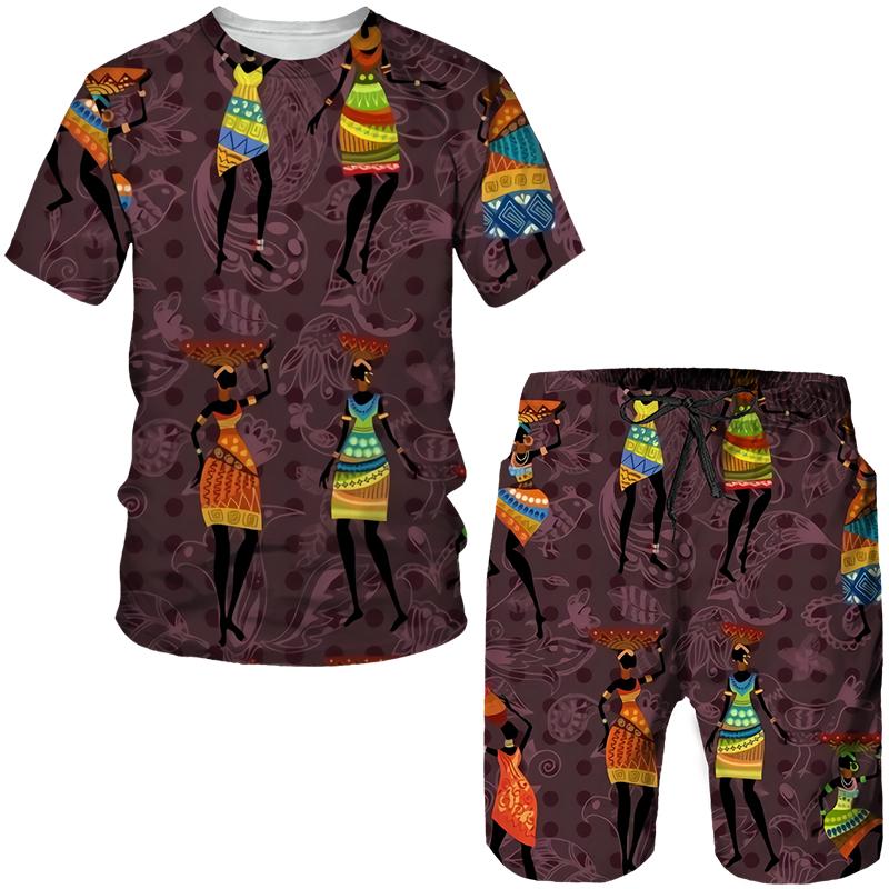 Men's Colorful African Folk-Custom 3D Print T-shirt Shorts 2pcs Suits Dashiki Ethnic Tracksuit Set for Men Sportwear Y2k Clothes