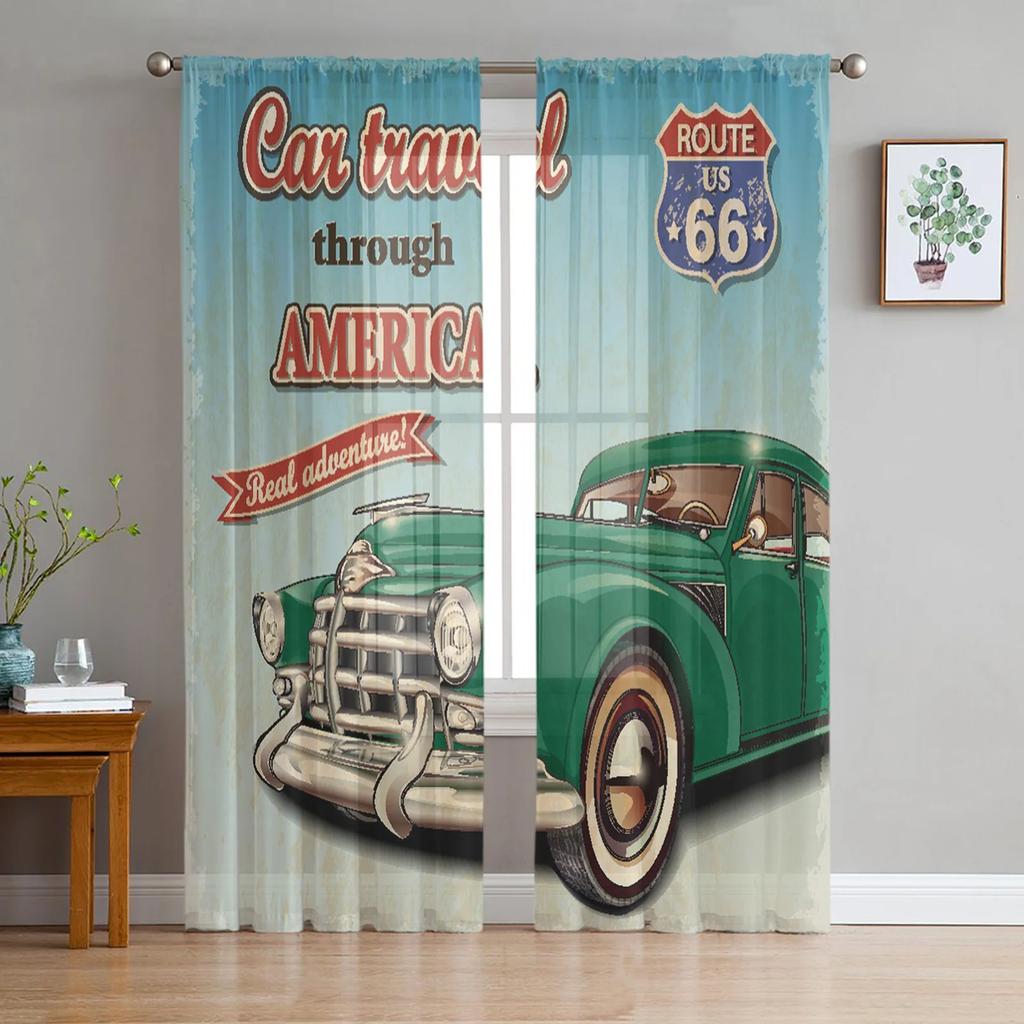 Motorcycle Highway Retro Style Chiffon Curtains Living Room Bedroom Home Decoration Window Voiles Tulle Curtain Light Filtering For Sitting Polyester