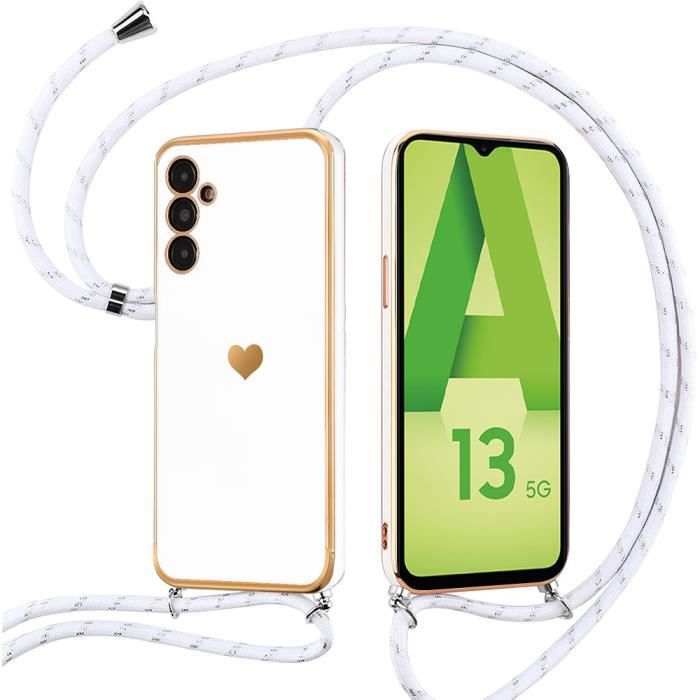 Coque Bandoulière pour Samsung Galaxy A04s / Galaxy A13 5G Souple Motif Cœur Silicone Blanc