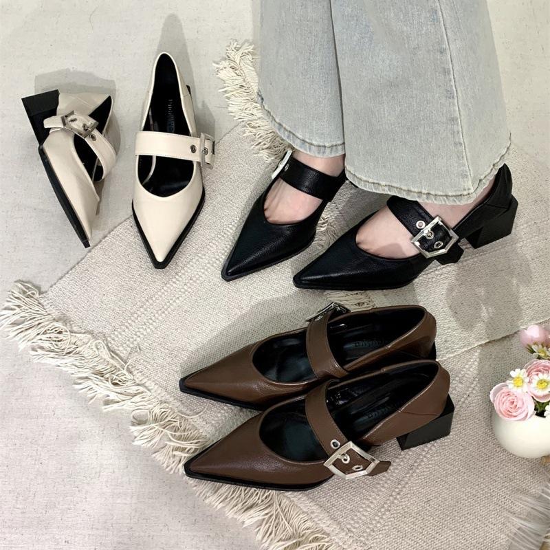 2025 spring and autumn new retro pointed Mary Jane small leather shoes British and Korean version loafers thick heels children