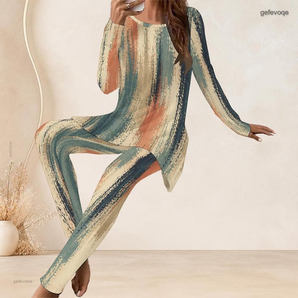 Women Plus Size Round Neck Long Sleeve Printed Longline Top Fitted Pants Two Piece Set