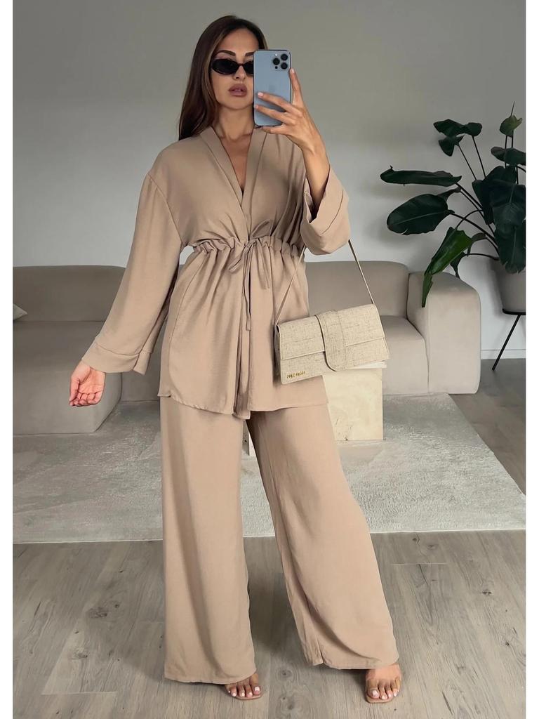 European & American 2025 Casual Tie-Up Top with Long Sleeve and Comfortable Long Pants Set