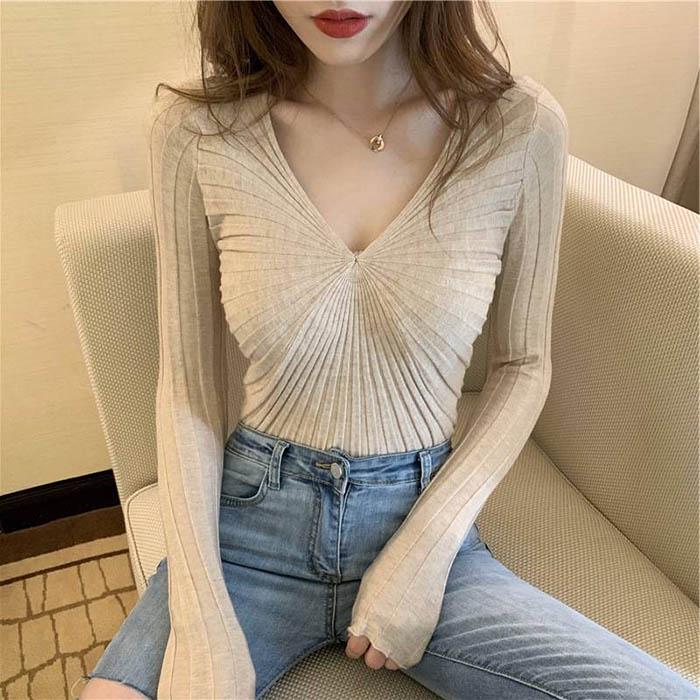 Women Sexy V-neck Pullover Sweater Stretch Slim Solid Warm Knitted Bottoming Shirt Coat