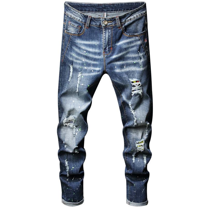 2024 Men'S Perforated Embroidery Slim Fit Elastic Small Straight Leg Jeans Men'S Paint Spray Paint Adhesive Cloth Pants